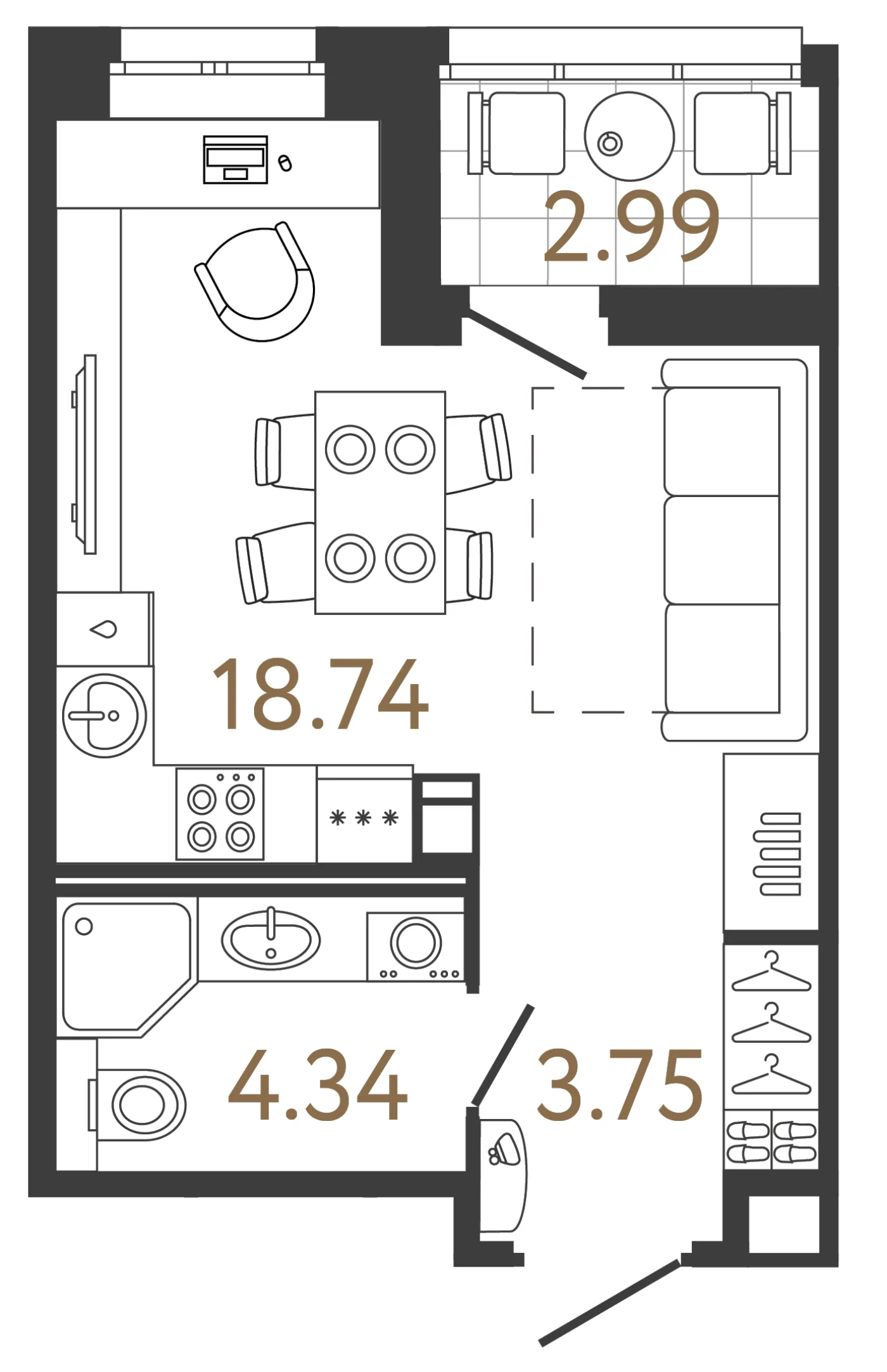 Планировка студия 26,8 м² в жилом комплексе «Ультра Сити 3.0» — Жилой комплекс «Ультра Сити 3.0» (Ultra City 3.0)