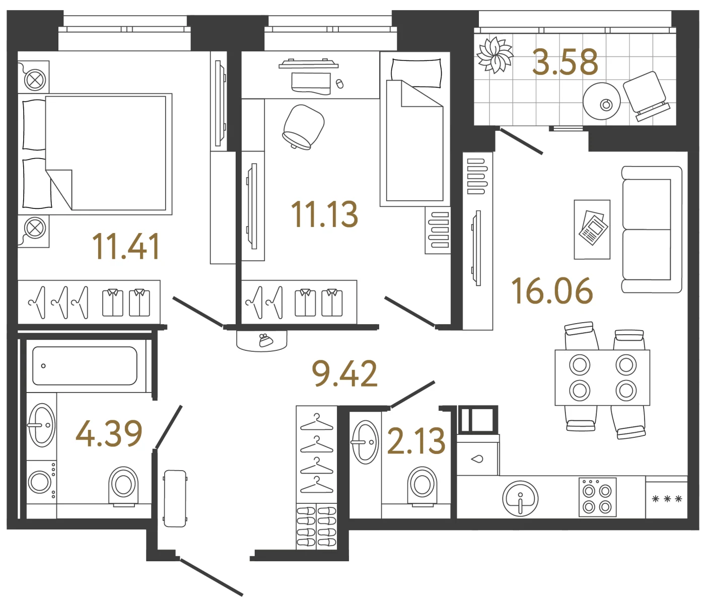 Планировка 2-комнатная 54,5 м² в жилом комплексе «Ультра Сити 3.0» — Жилой комплекс «Ультра Сити 3.0» (Ultra City 3.0)