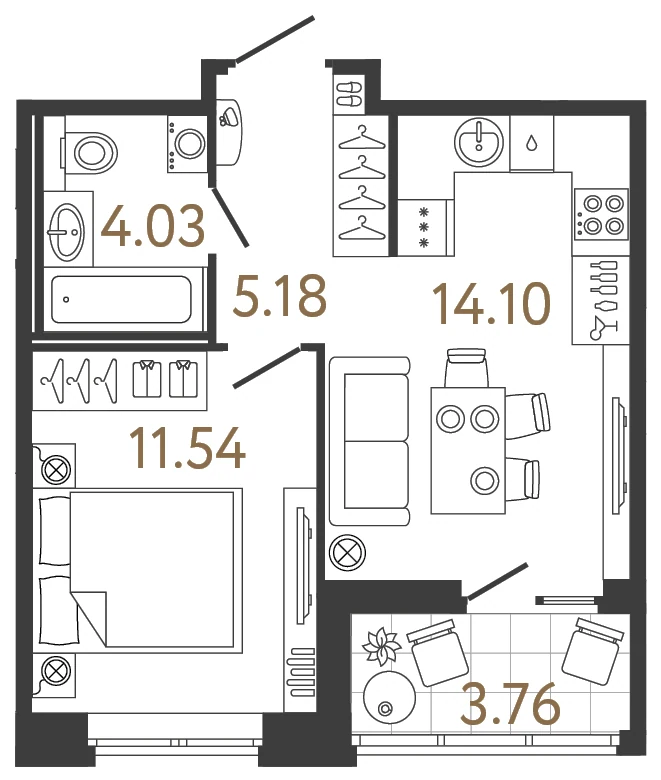 Планировка 1-комнатная 34,9 м² в жилом комплексе «Ультра Сити 3.0» — Жилой комплекс «Ультра Сити 3.0» (Ultra City 3.0)