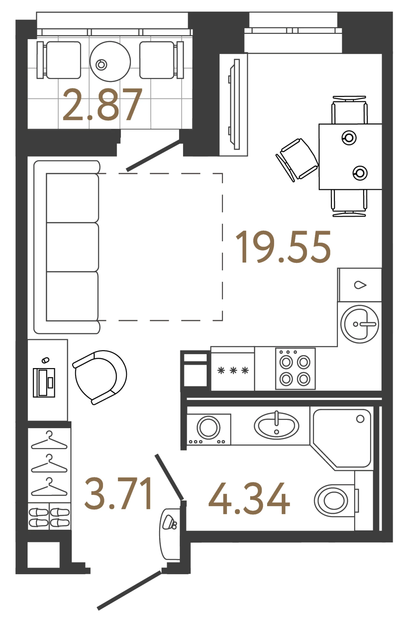 Планировка студия 27,4 м² в жилом комплексе «Ультра Сити 3.0» — Жилой комплекс «Ультра Сити 3.0» (Ultra City 3.0)