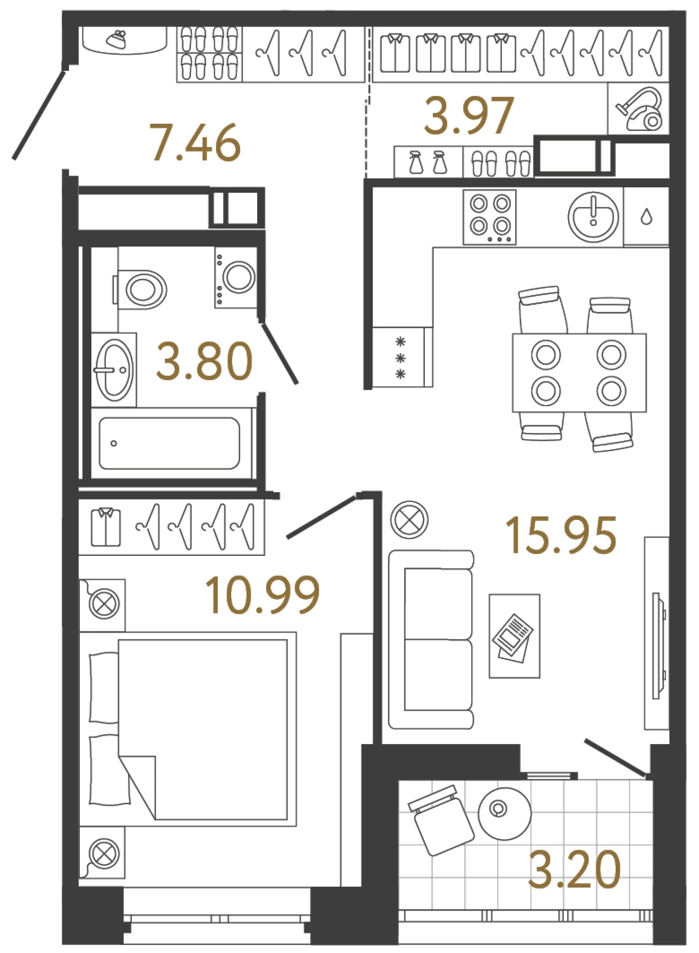 Планировка 1-комнатная 42,2 м² в жилом комплексе «Ультра Сити 3.0» — Жилой комплекс «Ультра Сити 3.0» (Ultra City 3.0)
