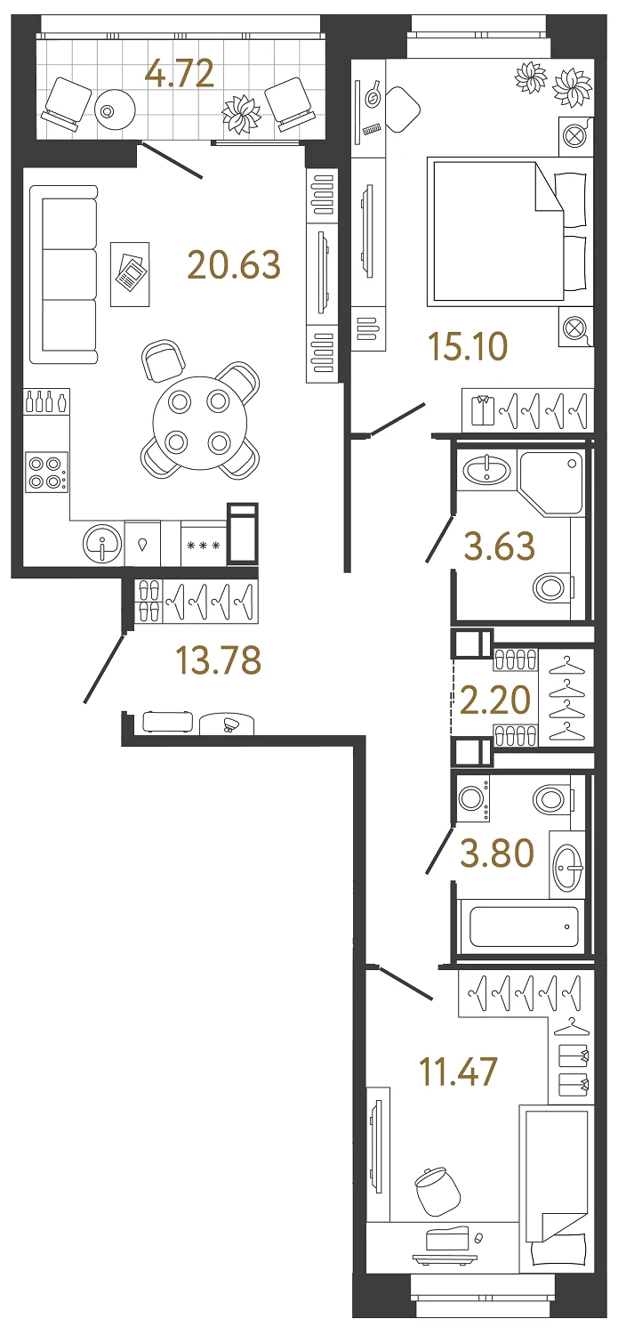 Планировка 2-комнатная 70,6 м² в жилом комплексе «Ультра Сити 3.0» — Жилой комплекс «Ультра Сити 3.0» (Ultra City 3.0)