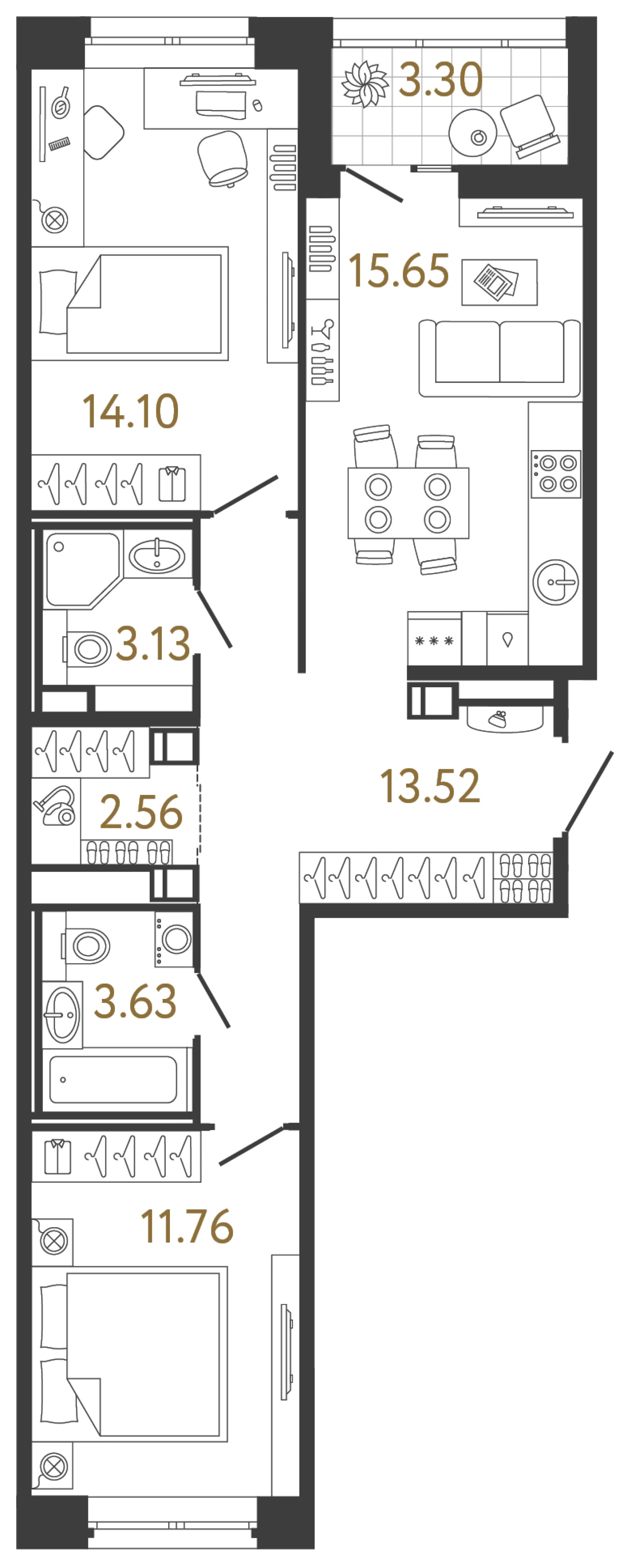 Планировка 2-комнатная 64,3 м² в жилом комплексе «Ультра Сити 3.0» — Жилой комплекс «Ультра Сити 3.0» (Ultra City 3.0)
