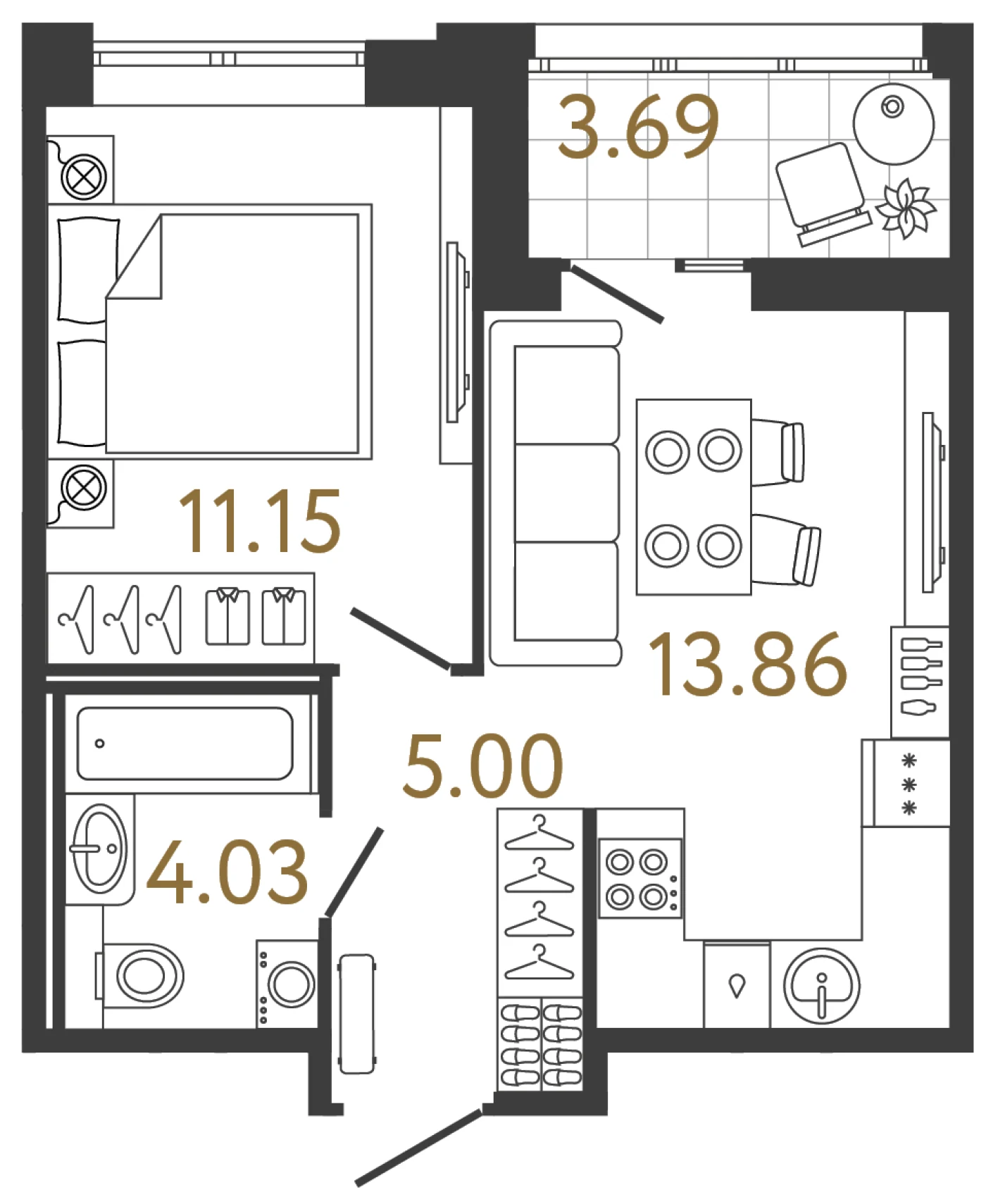 Планировка 1-комнатная 34 м² в жилом комплексе «Ультра Сити 3.0» — Жилой комплекс «Ультра Сити 3.0» (Ultra City 3.0)