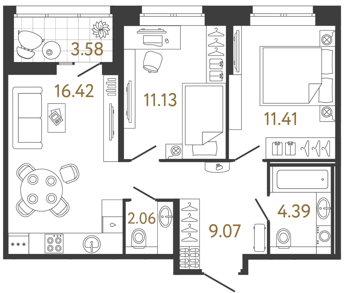 Планировка 2-комнатная 54,5 м² в жилом комплексе «Ультра Сити 3.0» — Жилой комплекс «Ультра Сити 3.0» (Ultra City 3.0)