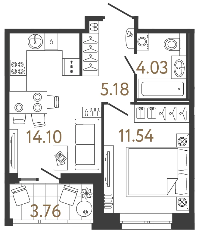 Планировка 1-комнатная 34,9 м² в жилом комплексе «Ультра Сити 3.0» — Жилой комплекс «Ультра Сити 3.0» (Ultra City 3.0)
