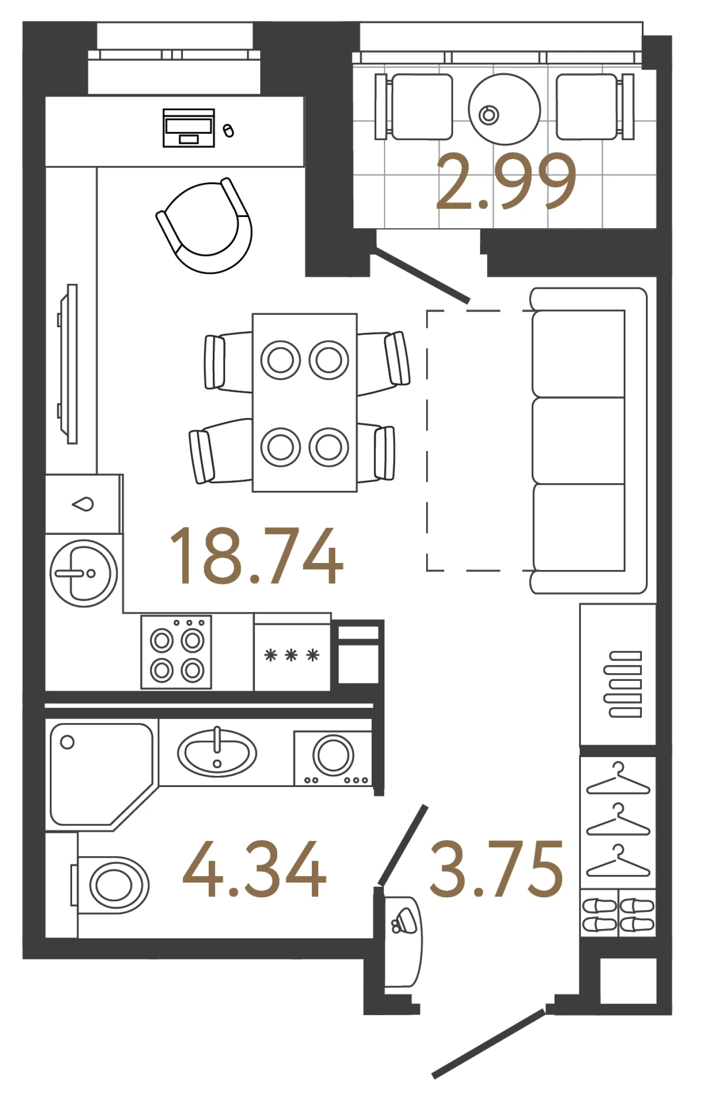 Планировка студия 26,8 м² в жилом комплексе «Ультра Сити 3.0» — Жилой комплекс «Ультра Сити 3.0» (Ultra City 3.0)